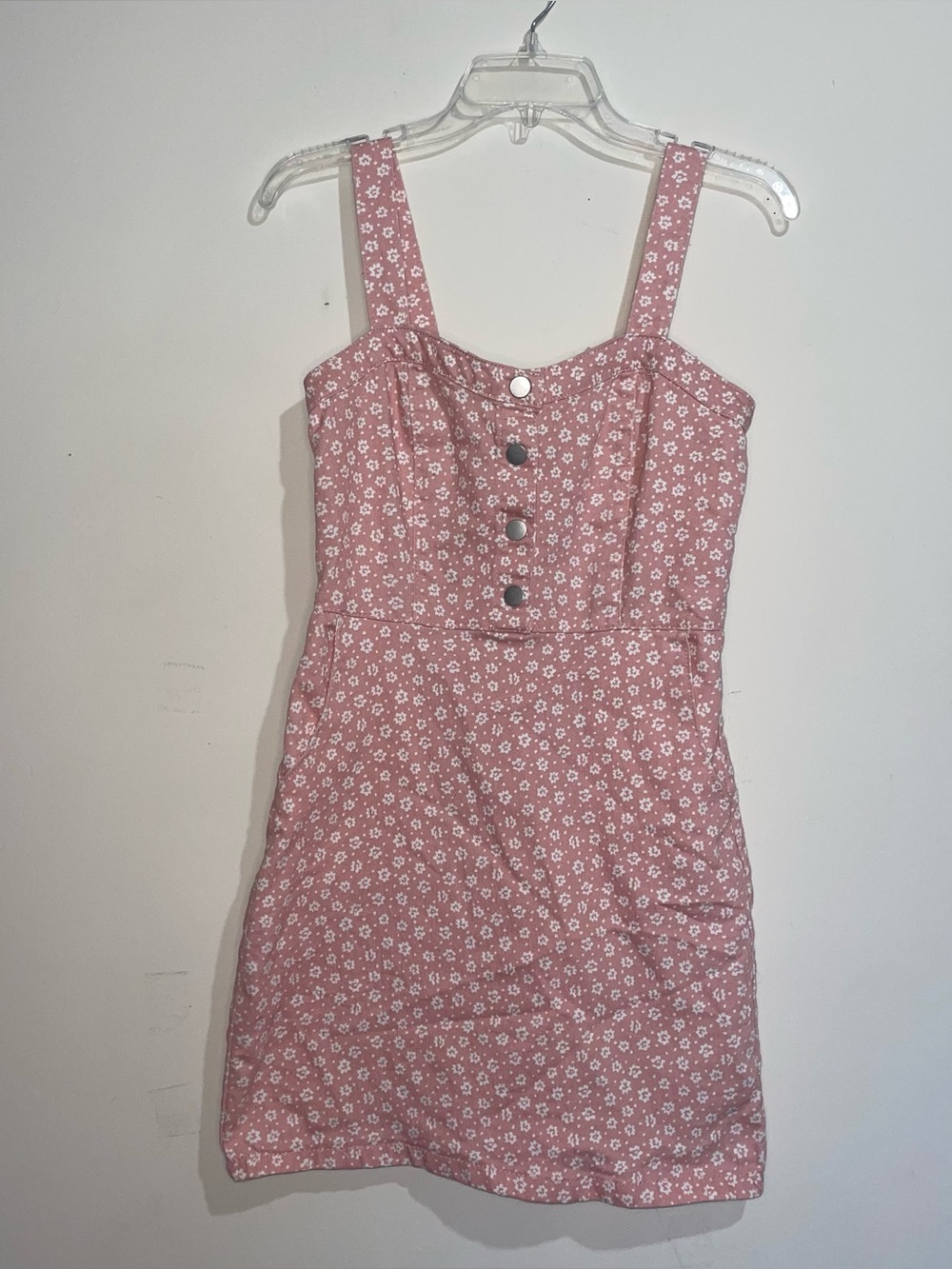No Boundaries Pink Floral Button Pocket M Overall Mini Dress Cotton Zip Boho